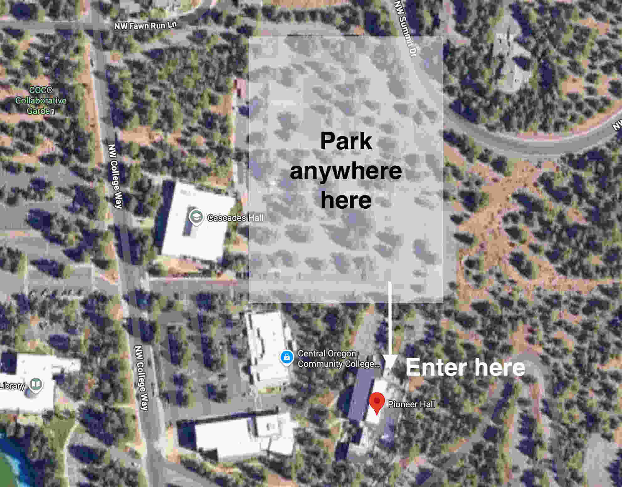 Satellite map showing parking area behind Pioneer Hall and entrance location